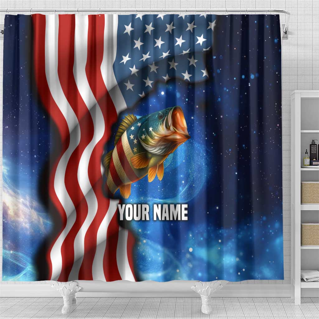 American Flag Bass Fishing Graphic Shower Curtain Patriotic Fish and Starry Galaxy Background - Wonder Print Shop
