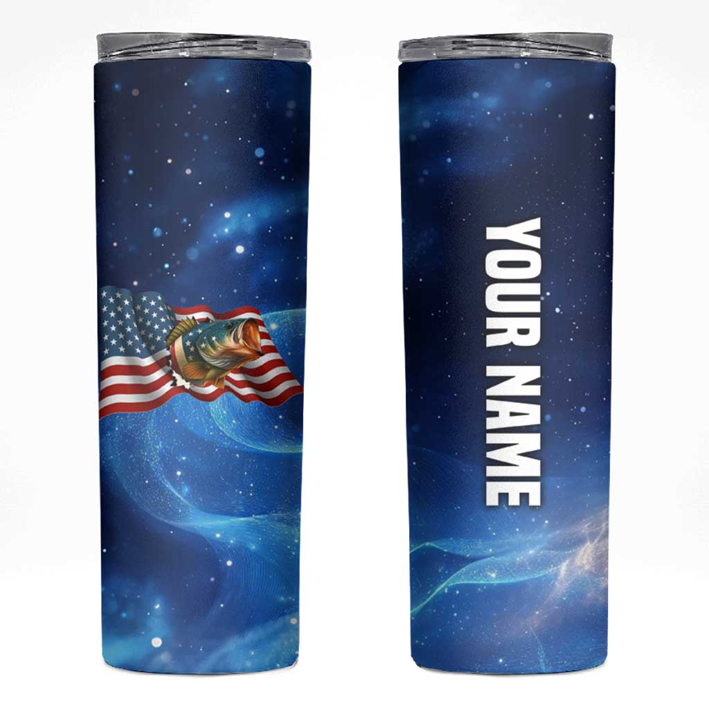 American Flag Bass Fishing Graphic Skinny Tumbler Patriotic Fish and Starry Galaxy Background - Wonder Print Shop