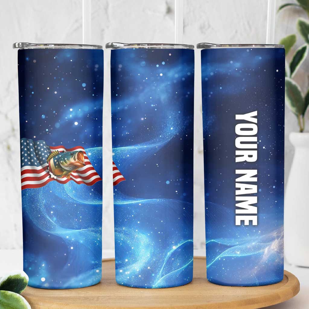 American Flag Bass Fishing Graphic Skinny Tumbler Patriotic Fish and Starry Galaxy Background - Wonder Print Shop