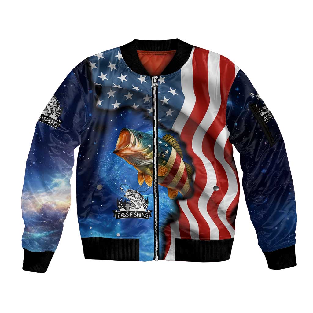American Flag Bass Fishing Graphic Sleeve Zip Bomber Jacket Patriotic Fish and Starry Galaxy Background - Wonder Print Shop