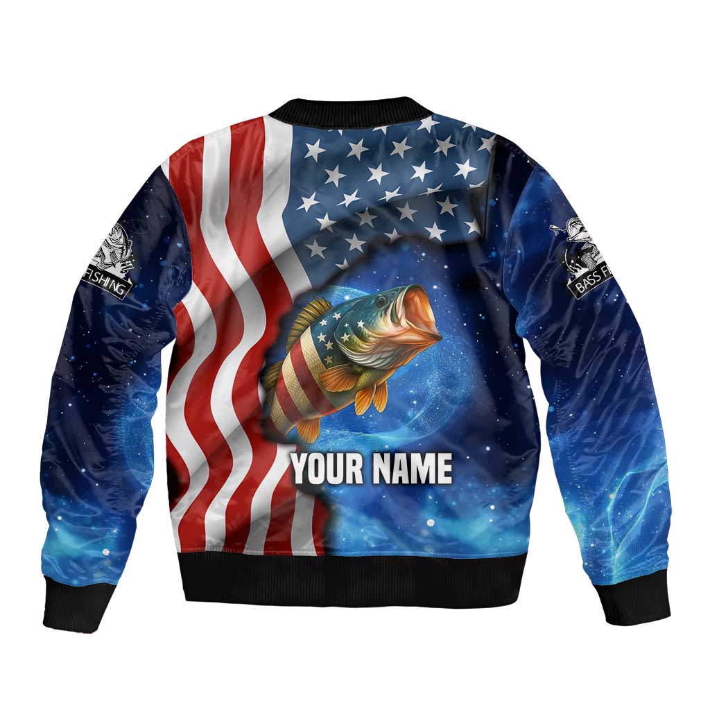 American Flag Bass Fishing Graphic Sleeve Zip Bomber Jacket Patriotic Fish and Starry Galaxy Background - Wonder Print Shop