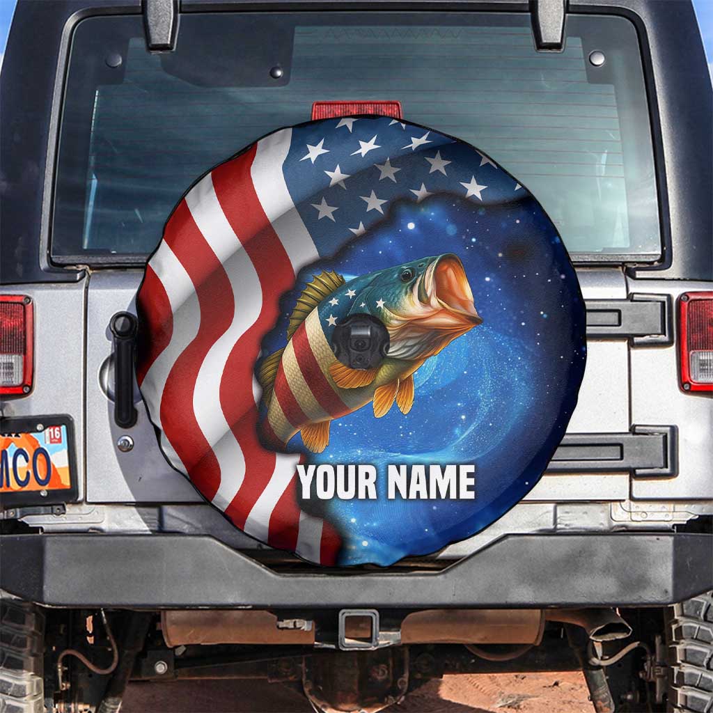 American Flag Bass Fishing Graphic Spare Tire Cover Patriotic Fish and Starry Galaxy Background - Wonder Print Shop