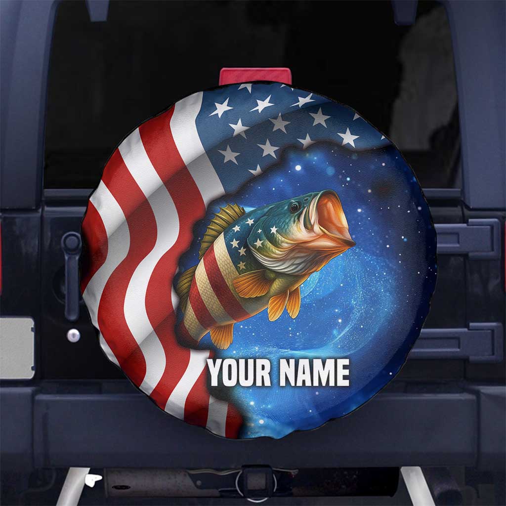 American Flag Bass Fishing Graphic Spare Tire Cover Patriotic Fish and Starry Galaxy Background - Wonder Print Shop