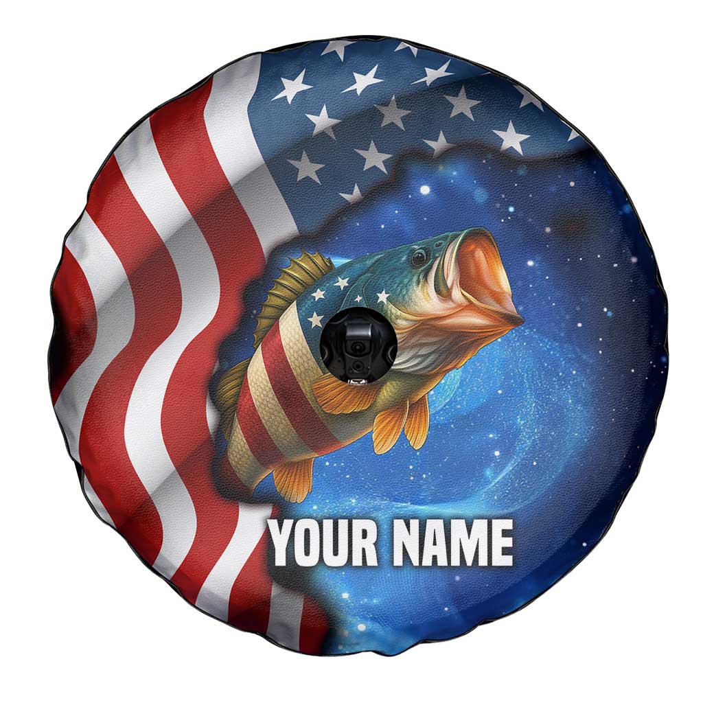American Flag Bass Fishing Graphic Spare Tire Cover Patriotic Fish and Starry Galaxy Background - Wonder Print Shop