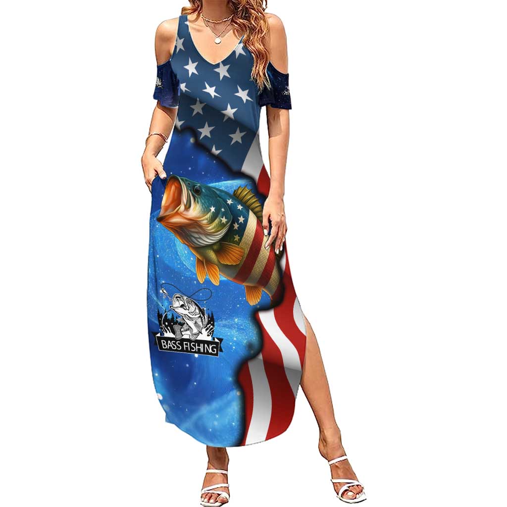American Flag Bass Fishing Graphic Summer Maxi Dress Patriotic Fish and Starry Galaxy Background - Wonder Print Shop