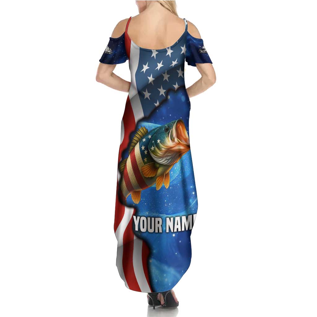 American Flag Bass Fishing Graphic Summer Maxi Dress Patriotic Fish and Starry Galaxy Background - Wonder Print Shop