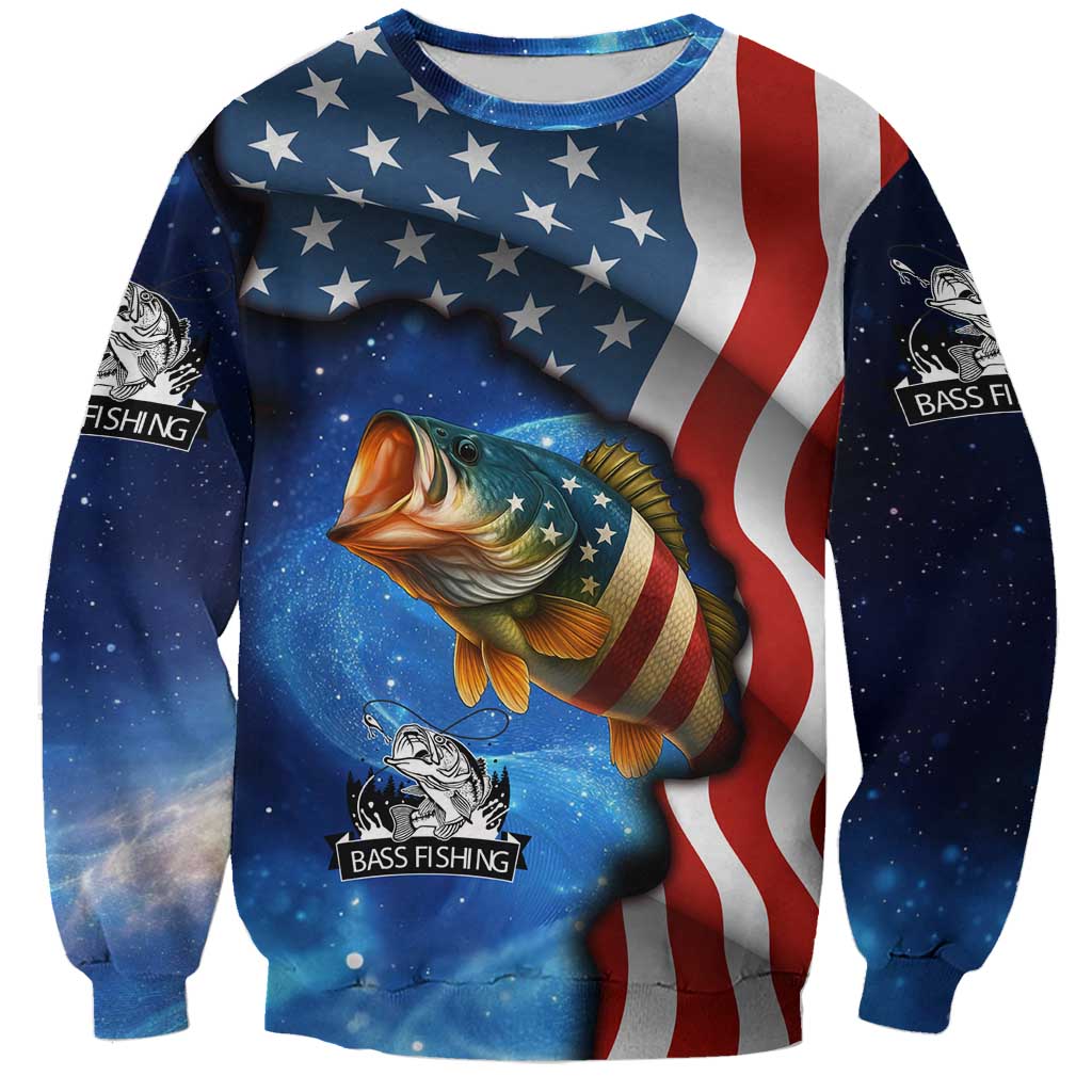 American Flag Bass Fishing Graphic Sweatshirt Patriotic Fish and Starry Galaxy Background - Wonder Print Shop
