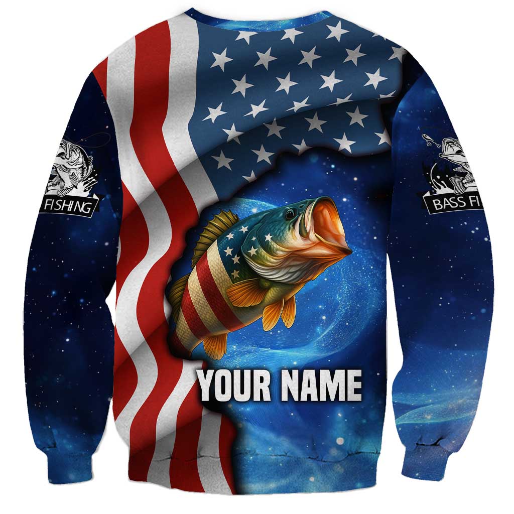 American Flag Bass Fishing Graphic Sweatshirt Patriotic Fish and Starry Galaxy Background - Wonder Print Shop