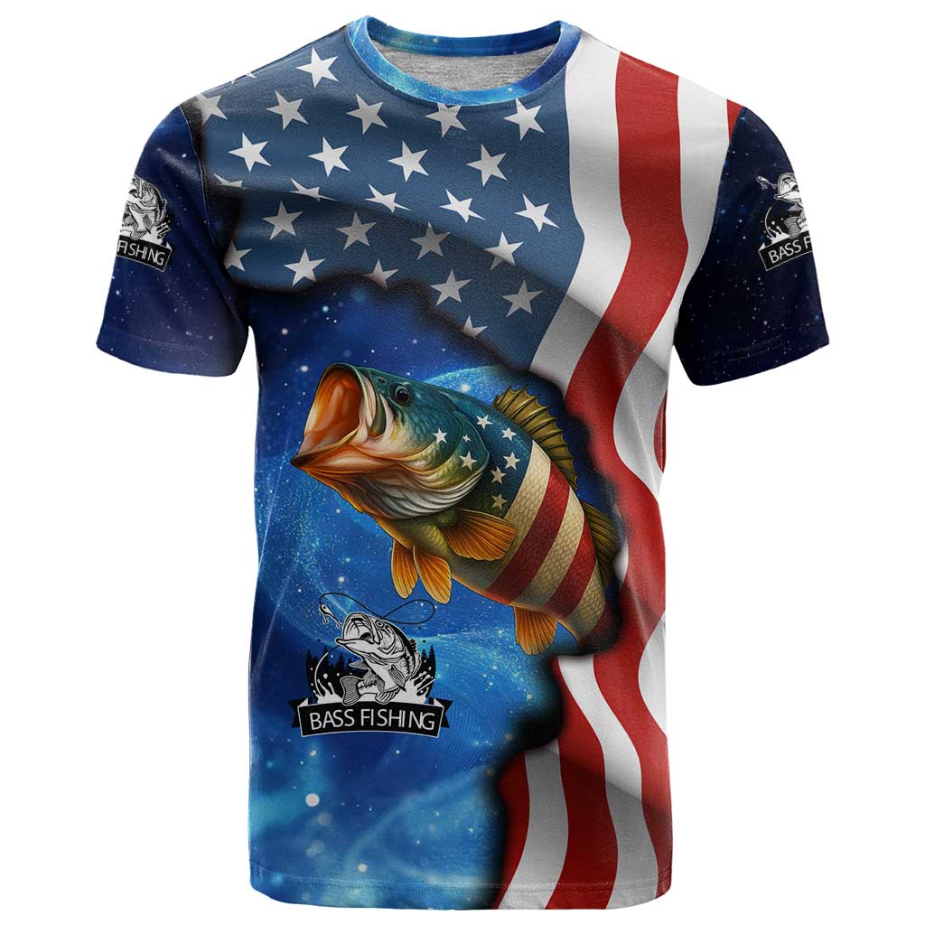 American Flag Bass Fishing Graphic T Shirt Patriotic Fish and Starry Galaxy Background - Wonder Print Shop