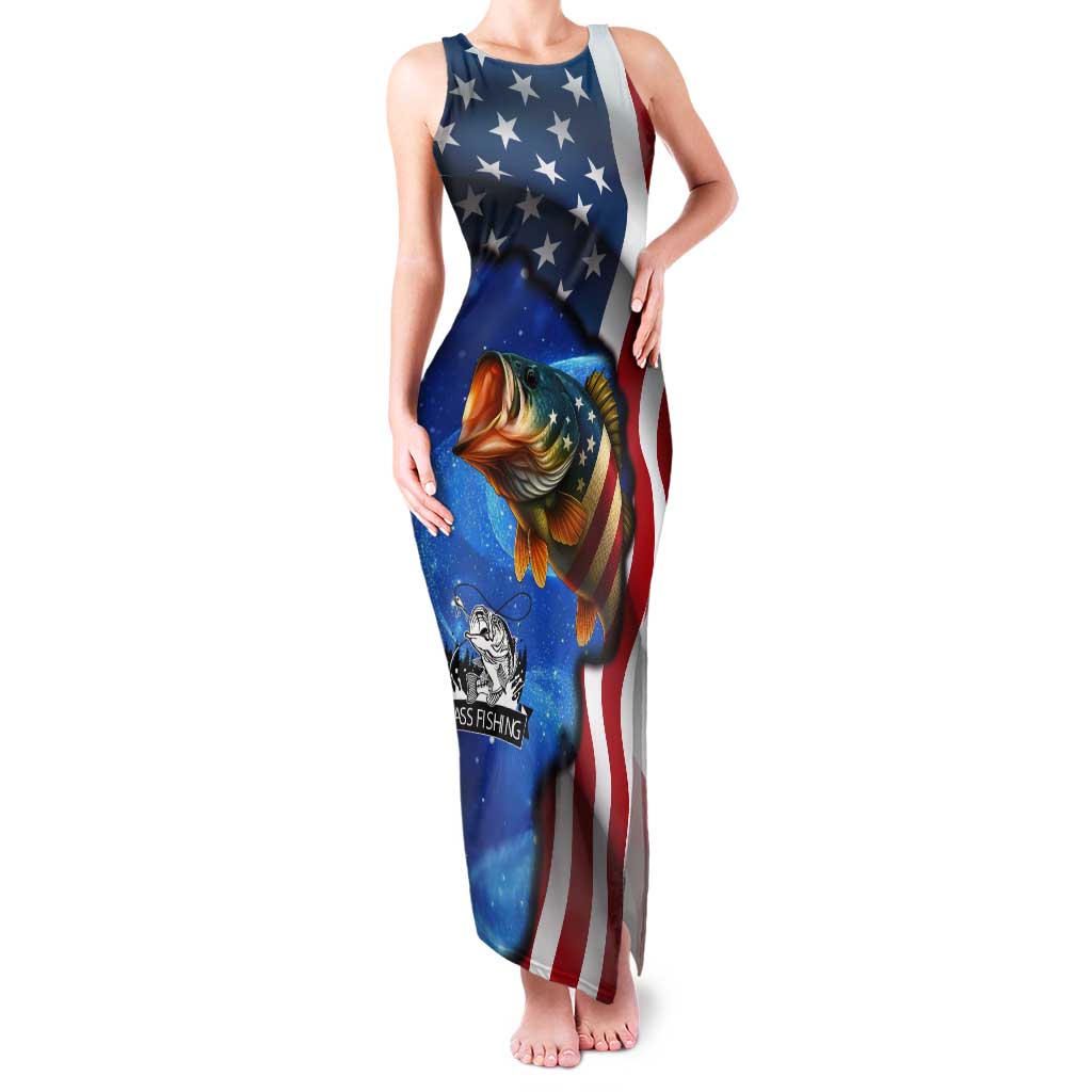American Flag Bass Fishing Graphic Tank Maxi Dress Patriotic Fish and Starry Galaxy Background - Wonder Print Shop