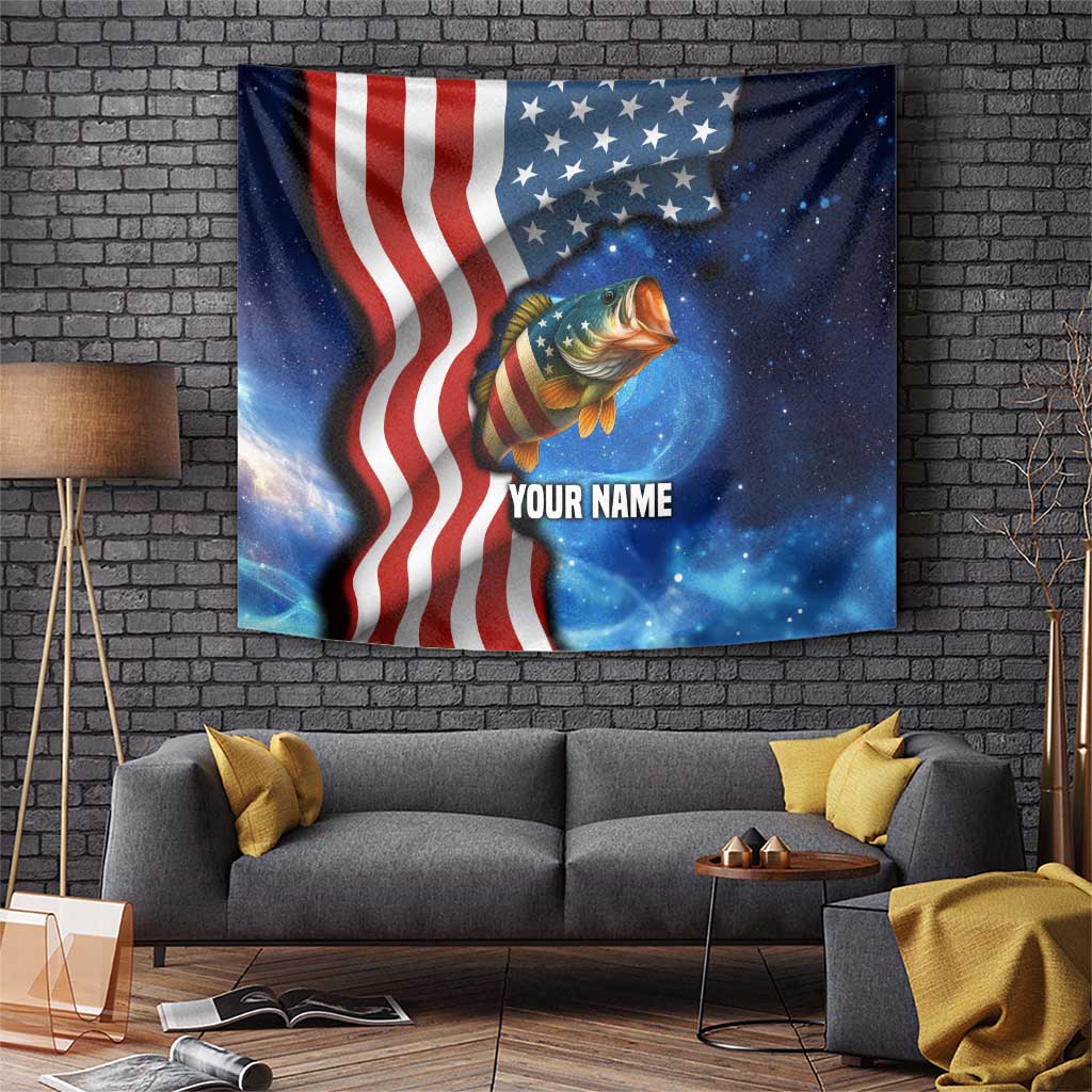 American Flag Bass Fishing Graphic Tapestry Patriotic Fish and Starry Galaxy Background - Wonder Print Shop