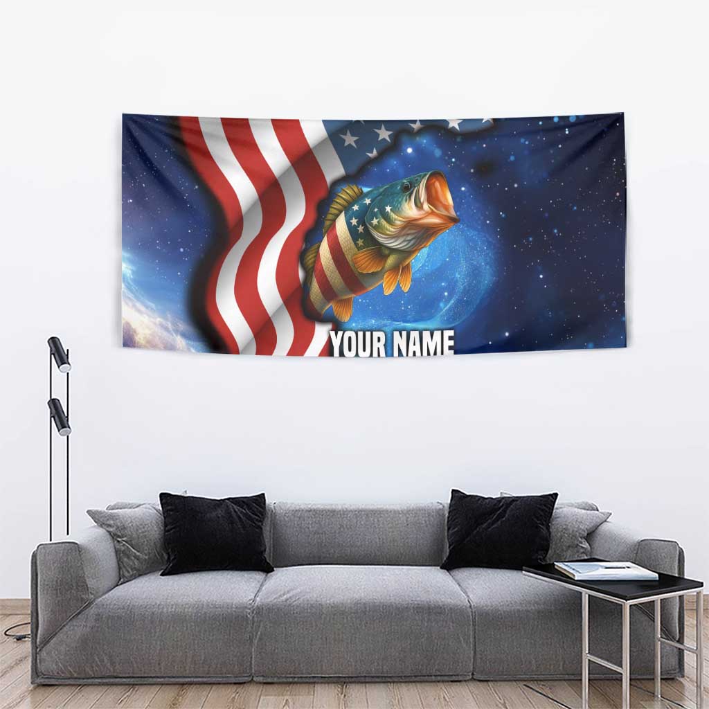 American Flag Bass Fishing Graphic Tapestry Patriotic Fish and Starry Galaxy Background - Wonder Print Shop