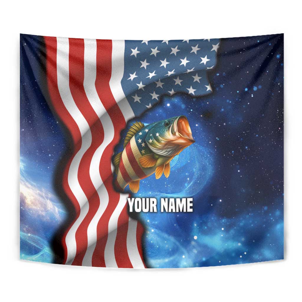 American Flag Bass Fishing Graphic Tapestry Patriotic Fish and Starry Galaxy Background - Wonder Print Shop