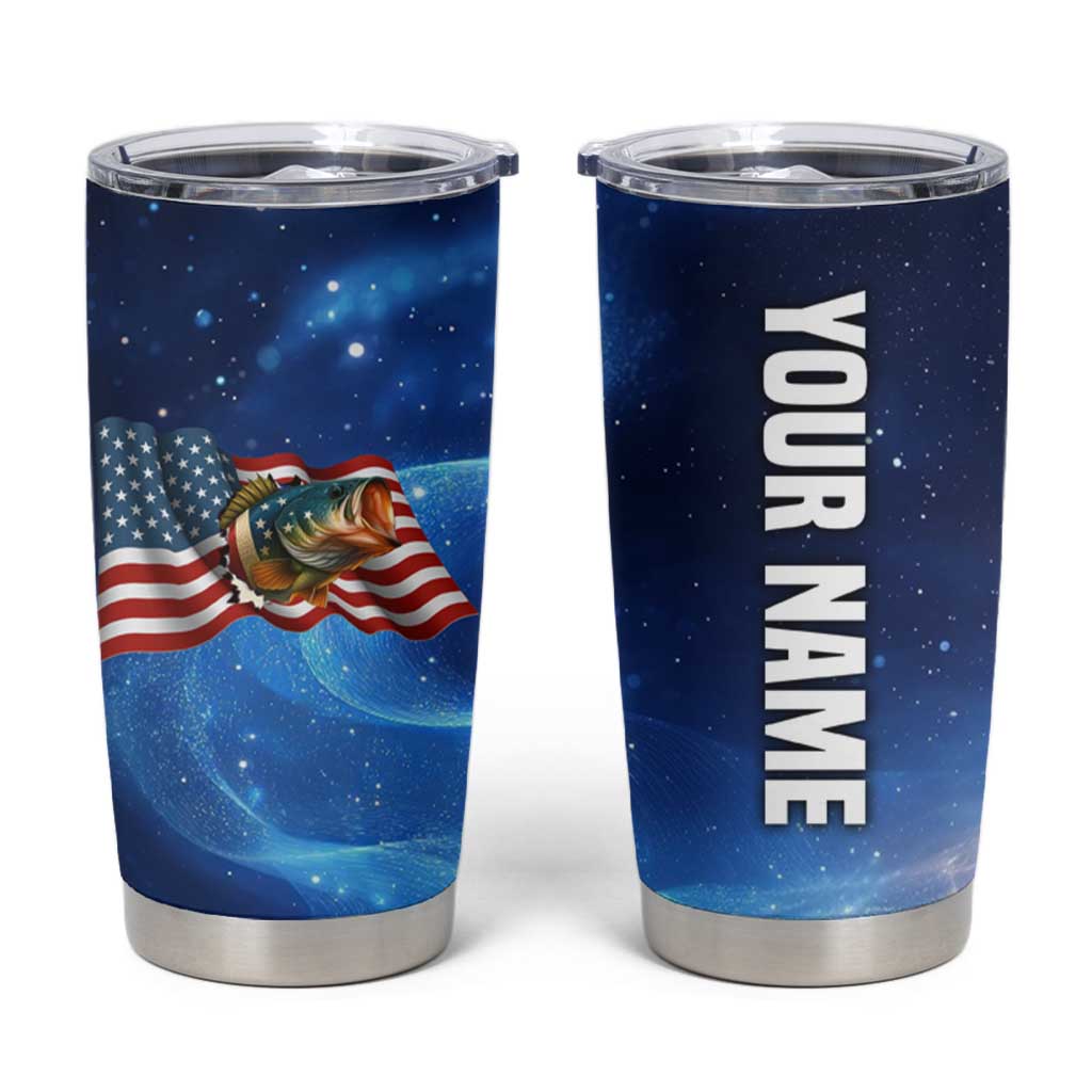 American Flag Bass Fishing Graphic Tumbler Cup Patriotic Fish and Starry Galaxy Background - Wonder Print Shop