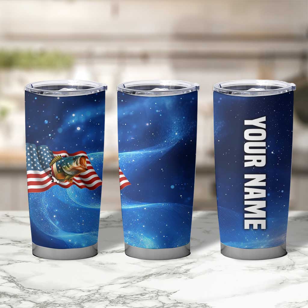 American Flag Bass Fishing Graphic Tumbler Cup Patriotic Fish and Starry Galaxy Background - Wonder Print Shop