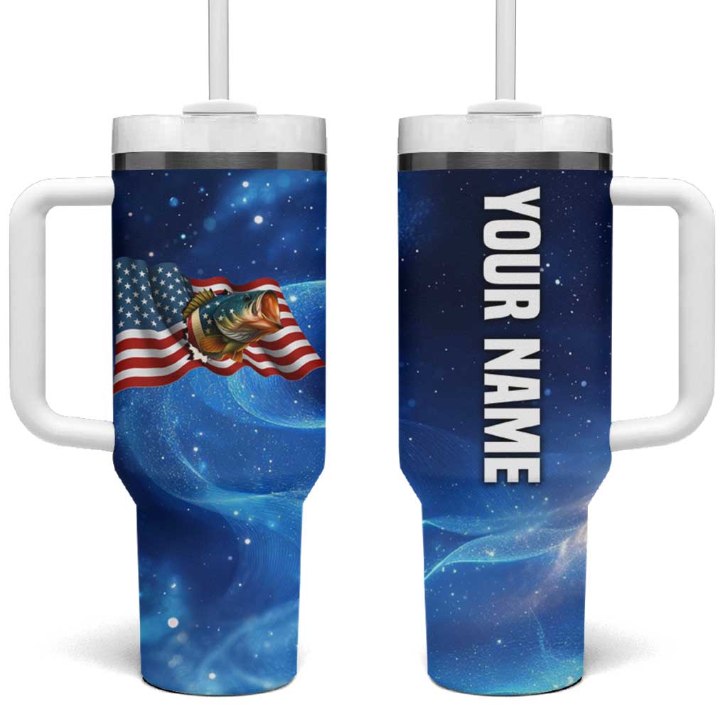American Flag Bass Fishing Graphic Tumbler With Handle Patriotic Fish and Starry Galaxy Background - Wonder Print Shop