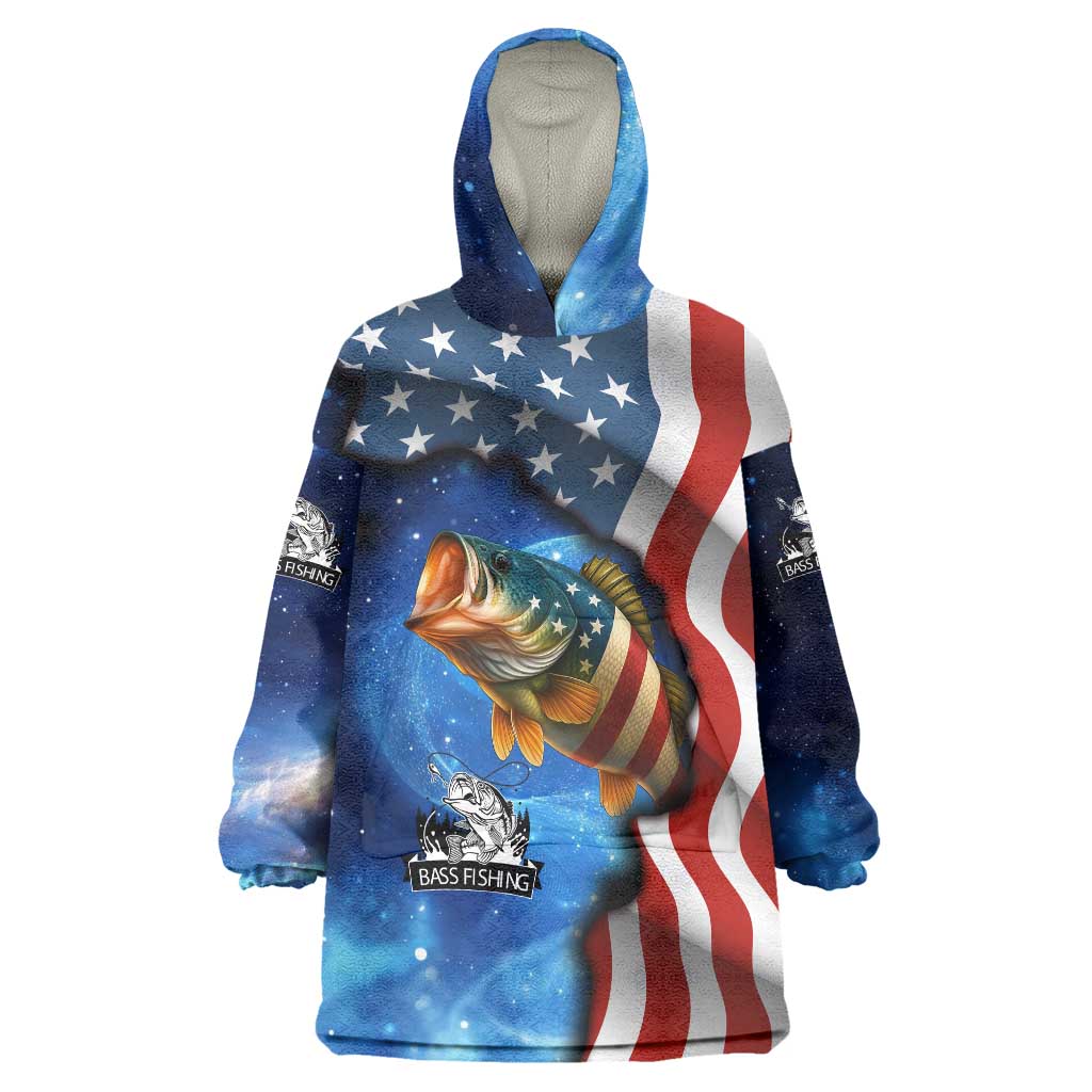 American Flag Bass Fishing Graphic Wearable Blanket Hoodie Patriotic Fish and Starry Galaxy Background - Wonder Print Shop