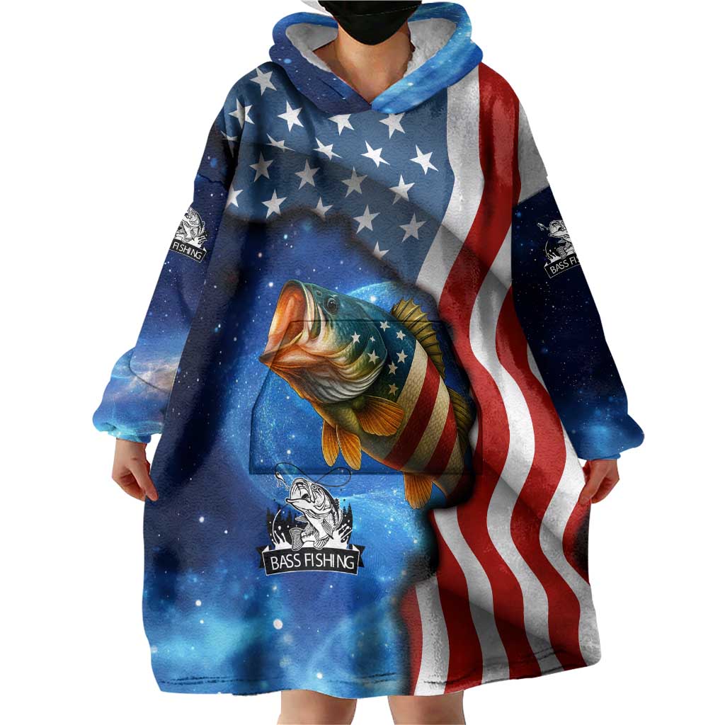 American Flag Bass Fishing Graphic Wearable Blanket Hoodie Patriotic Fish and Starry Galaxy Background - Wonder Print Shop