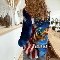American Flag Bass Fishing Graphic Women Casual Shirt Patriotic Fish and Starry Galaxy Background - Wonder Print Shop