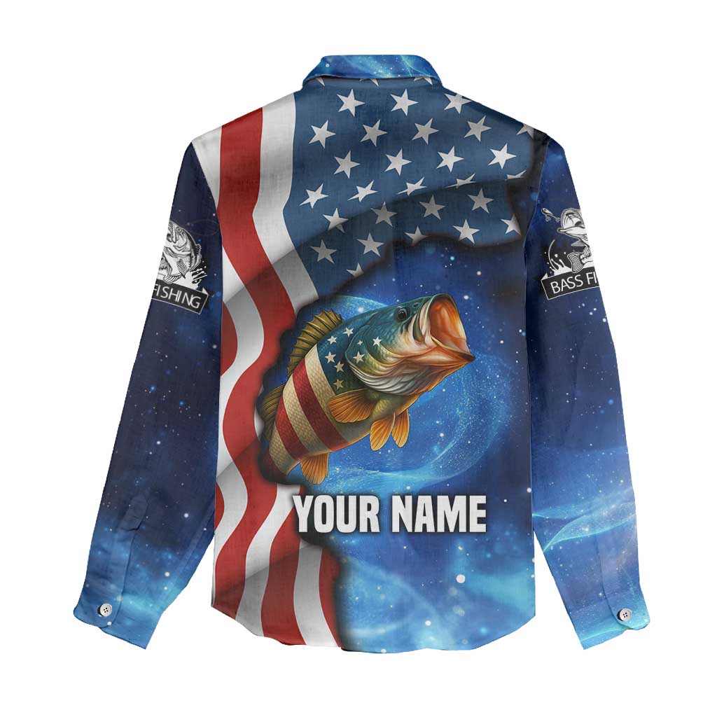 American Flag Bass Fishing Graphic Women Casual Shirt Patriotic Fish and Starry Galaxy Background - Wonder Print Shop