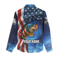 American Flag Bass Fishing Graphic Women Casual Shirt Patriotic Fish and Starry Galaxy Background - Wonder Print Shop