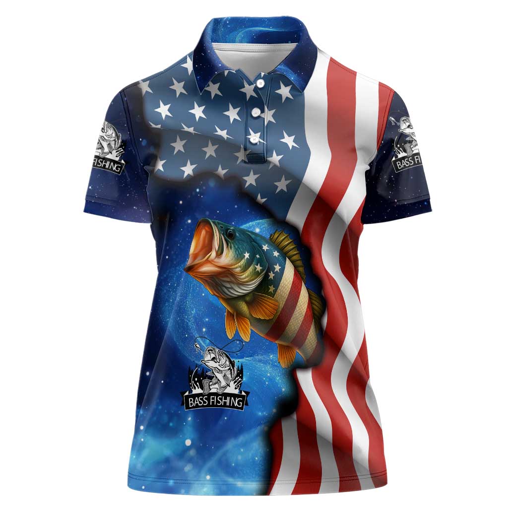 American Flag Bass Fishing Graphic Women Polo Shirt Patriotic Fish and Starry Galaxy Background - Wonder Print Shop