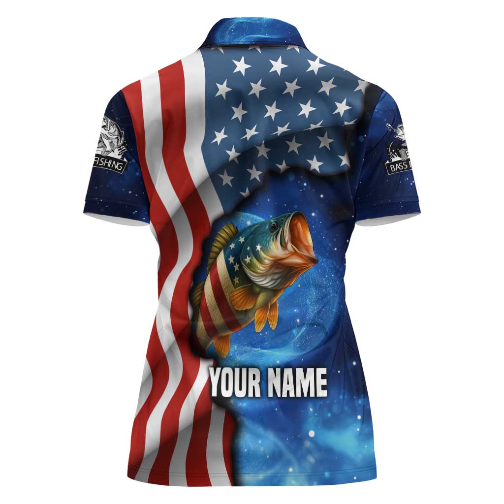 American Flag Bass Fishing Graphic Women Polo Shirt Patriotic Fish and Starry Galaxy Background - Wonder Print Shop
