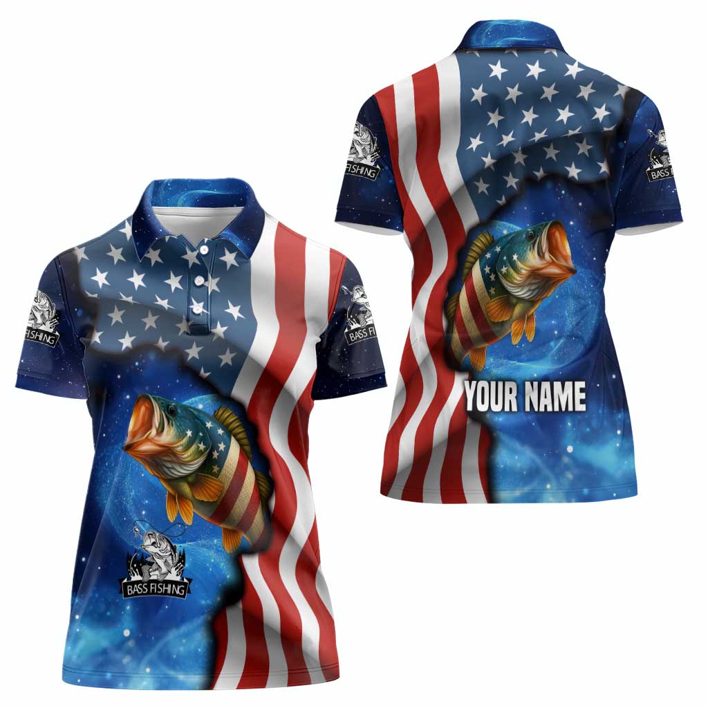 American Flag Bass Fishing Graphic Women Polo Shirt Patriotic Fish and Starry Galaxy Background - Wonder Print Shop
