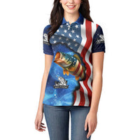 American Flag Bass Fishing Graphic Women Polo Shirt Patriotic Fish and Starry Galaxy Background - Wonder Print Shop