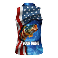American Flag Bass Fishing Graphic Women Sleeveless Polo Shirt Patriotic Fish and Starry Galaxy Background - Wonder Print Shop