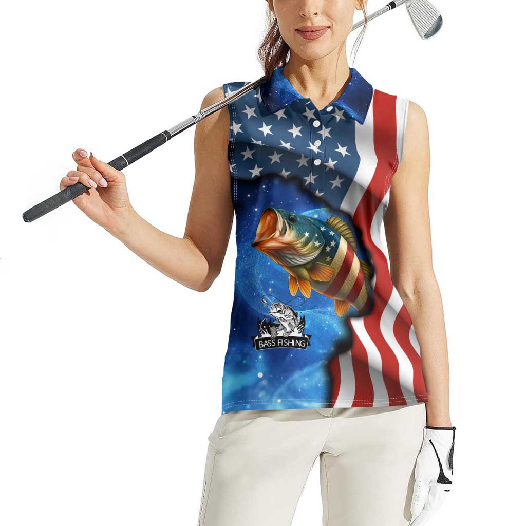 American Flag Bass Fishing Graphic Women Sleeveless Polo Shirt Patriotic Fish and Starry Galaxy Background - Wonder Print Shop