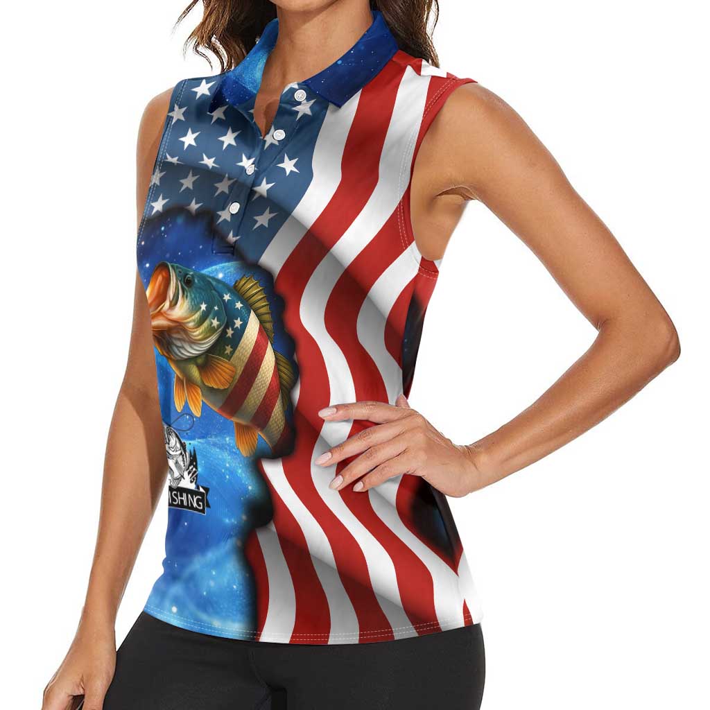 American Flag Bass Fishing Graphic Women Sleeveless Polo Shirt Patriotic Fish and Starry Galaxy Background - Wonder Print Shop