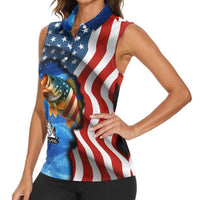 American Flag Bass Fishing Graphic Women Sleeveless Polo Shirt Patriotic Fish and Starry Galaxy Background - Wonder Print Shop
