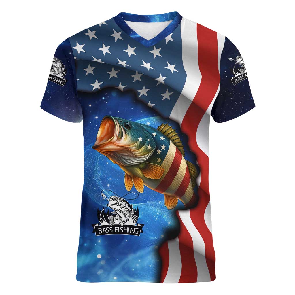 American Flag Bass Fishing Graphic Women V-Neck T-Shirt Patriotic Fish and Starry Galaxy Background - Wonder Print Shop