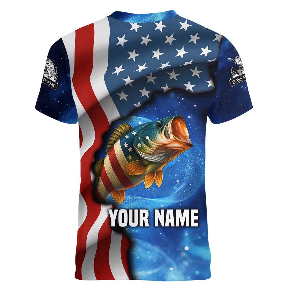 American Flag Bass Fishing Graphic Women V-Neck T-Shirt Patriotic Fish and Starry Galaxy Background - Wonder Print Shop