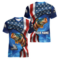 American Flag Bass Fishing Graphic Women V-Neck T-Shirt Patriotic Fish and Starry Galaxy Background - Wonder Print Shop