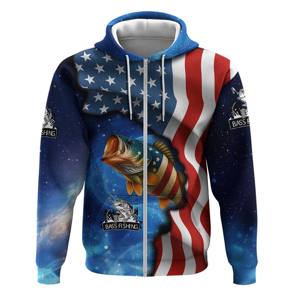 American Flag Bass Fishing Graphic Zip Hoodie Patriotic Fish and Starry Galaxy Background - Wonder Print Shop