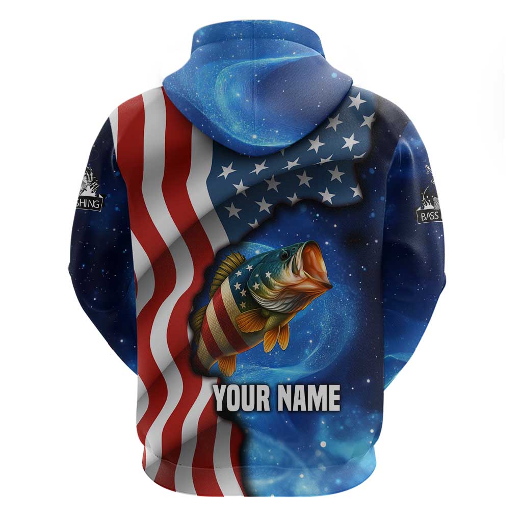 American Flag Bass Fishing Graphic Zip Hoodie Patriotic Fish and Starry Galaxy Background - Wonder Print Shop