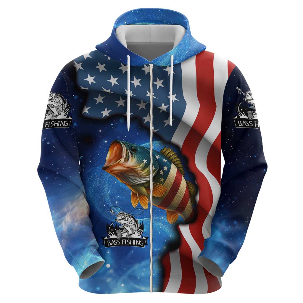 American Flag Bass Fishing Graphic Zip Hoodie Patriotic Fish and Starry Galaxy Background - Wonder Print Shop