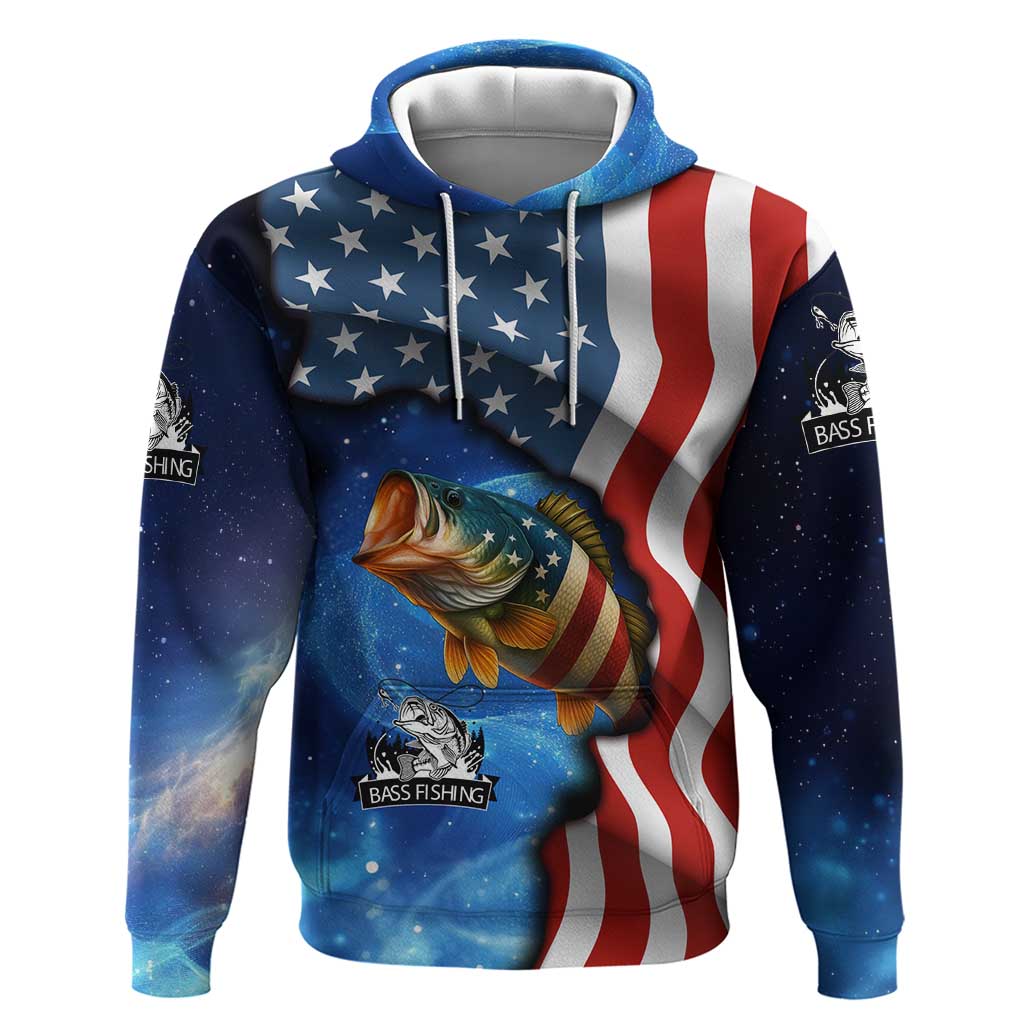 American Flag Bass Fishing Graphic Zip Hoodie Patriotic Fish and Starry Galaxy Background - Wonder Print Shop