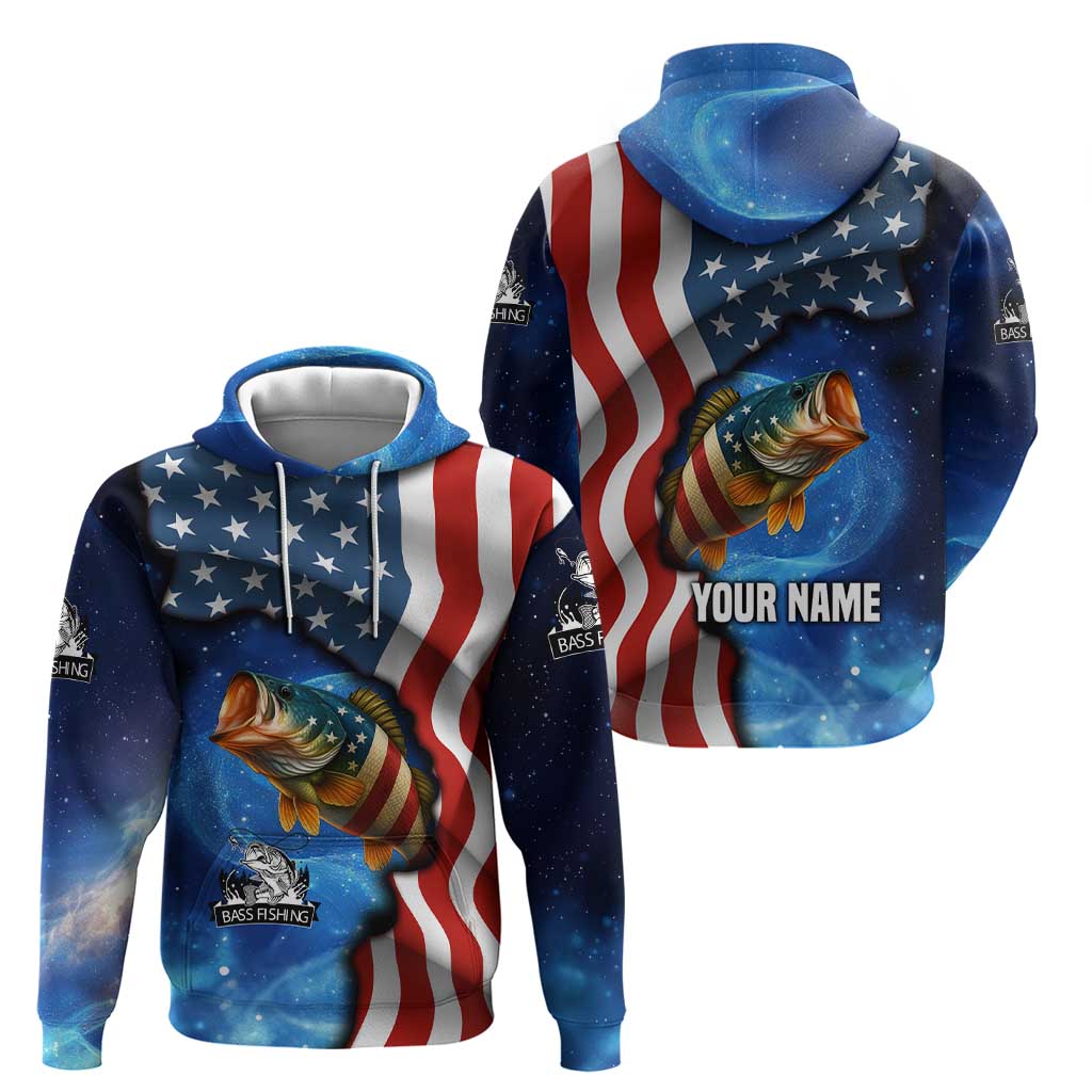 American Flag Bass Fishing Graphic Zip Hoodie Patriotic Fish and Starry Galaxy Background - Wonder Print Shop