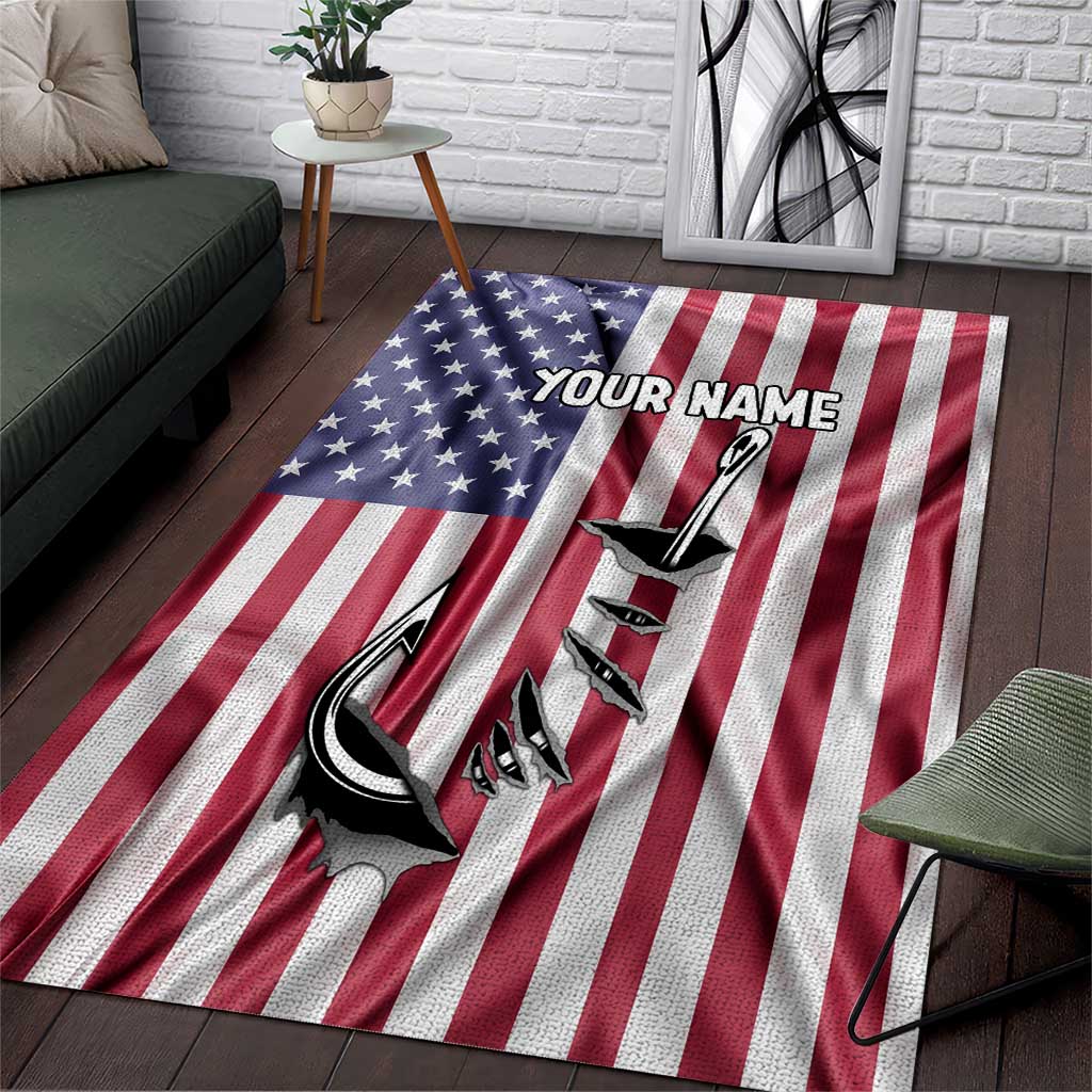 Fishing Fish Hook American Flag Area Rug Custom Name Graphic in Patriotic Striped Theme - Wonder Print Shop
