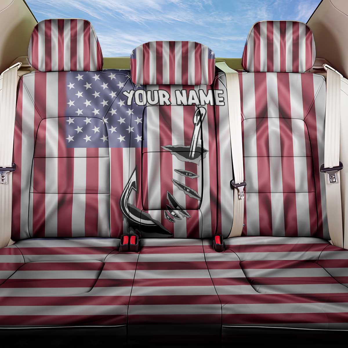 Fishing Fish Hook American Flag Back Car Seat Cover Custom Name Graphic in Patriotic Striped Theme - Wonder Print Shop