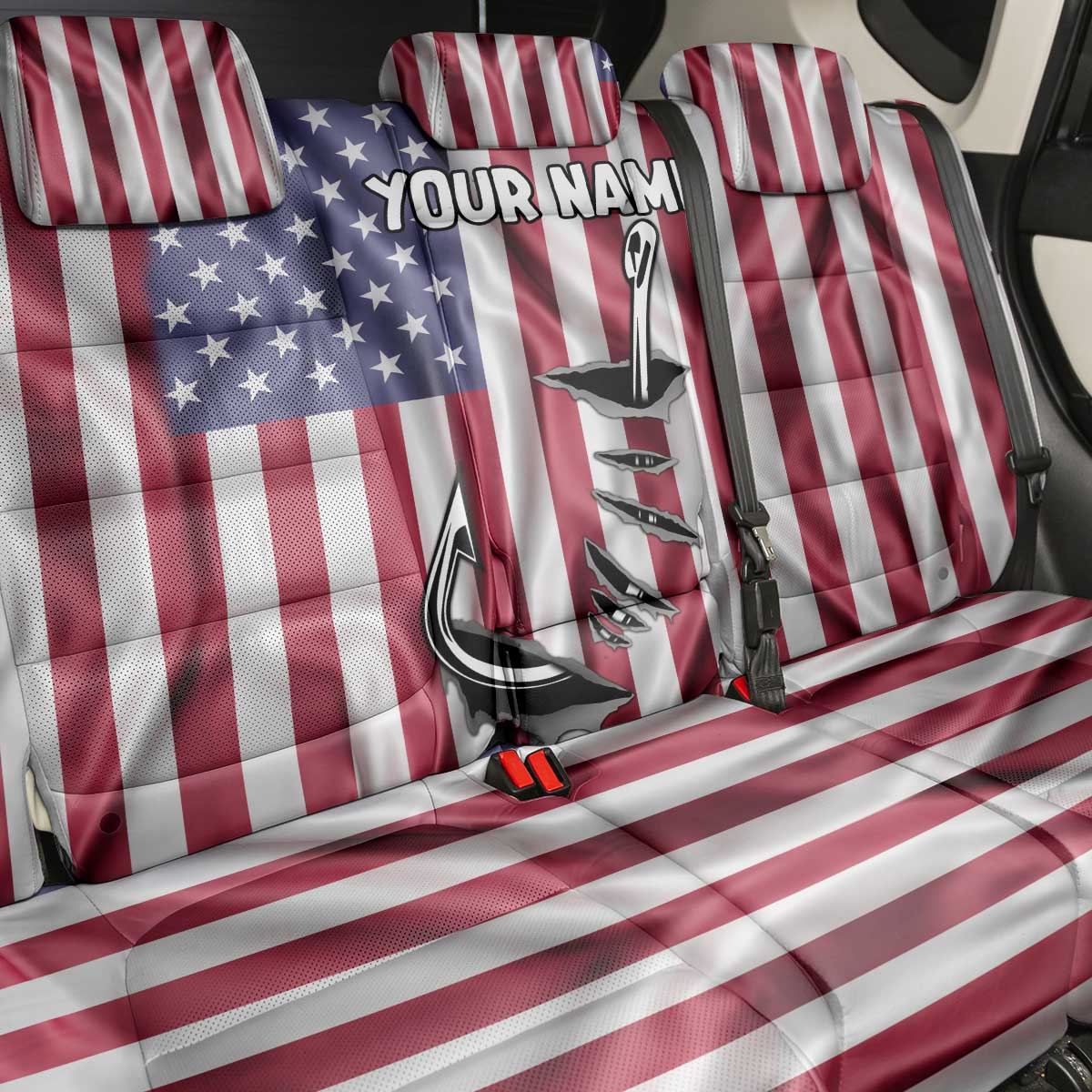 Fishing Fish Hook American Flag Back Car Seat Cover Custom Name Graphic in Patriotic Striped Theme - Wonder Print Shop