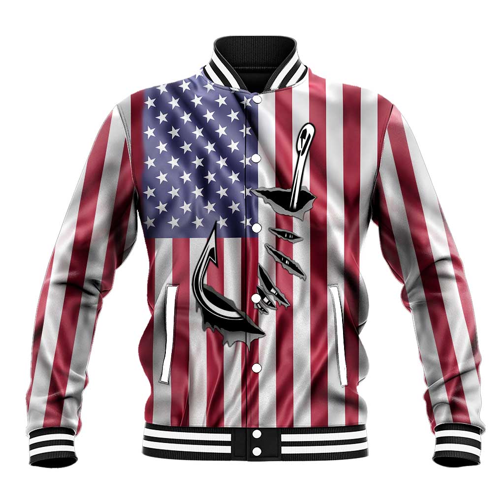 Fishing Fish Hook American Flag Baseball Jacket Custom Name Graphic in Patriotic Striped Theme - Wonder Print Shop