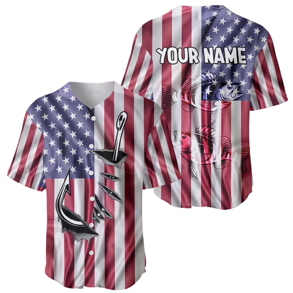 Fishing Fish Hook American Flag Baseball Jersey Custom Name Graphic in Patriotic Striped Theme - Wonder Print Shop