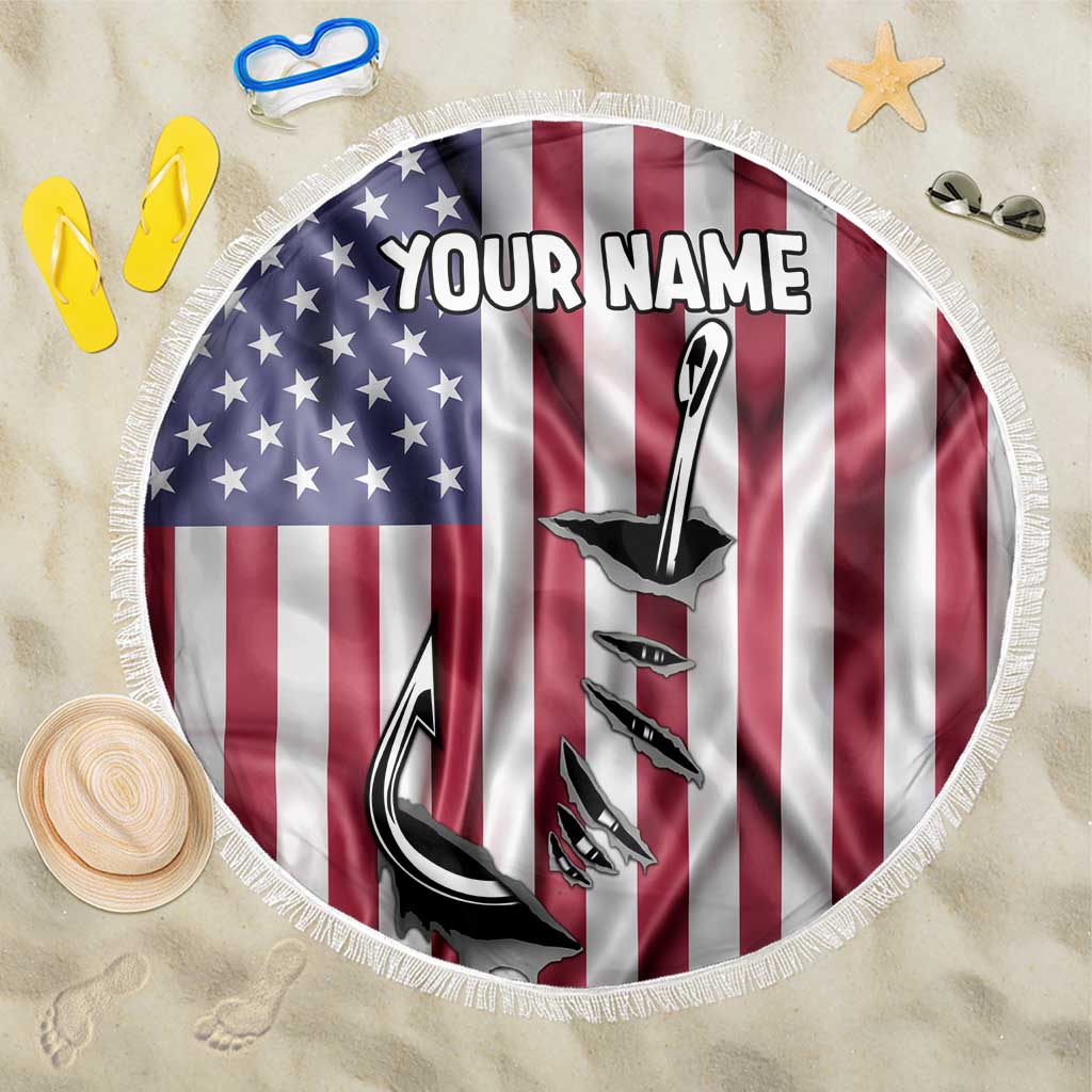 Fishing Fish Hook American Flag Beach Blanket Custom Name Graphic in Patriotic Striped Theme - Wonder Print Shop