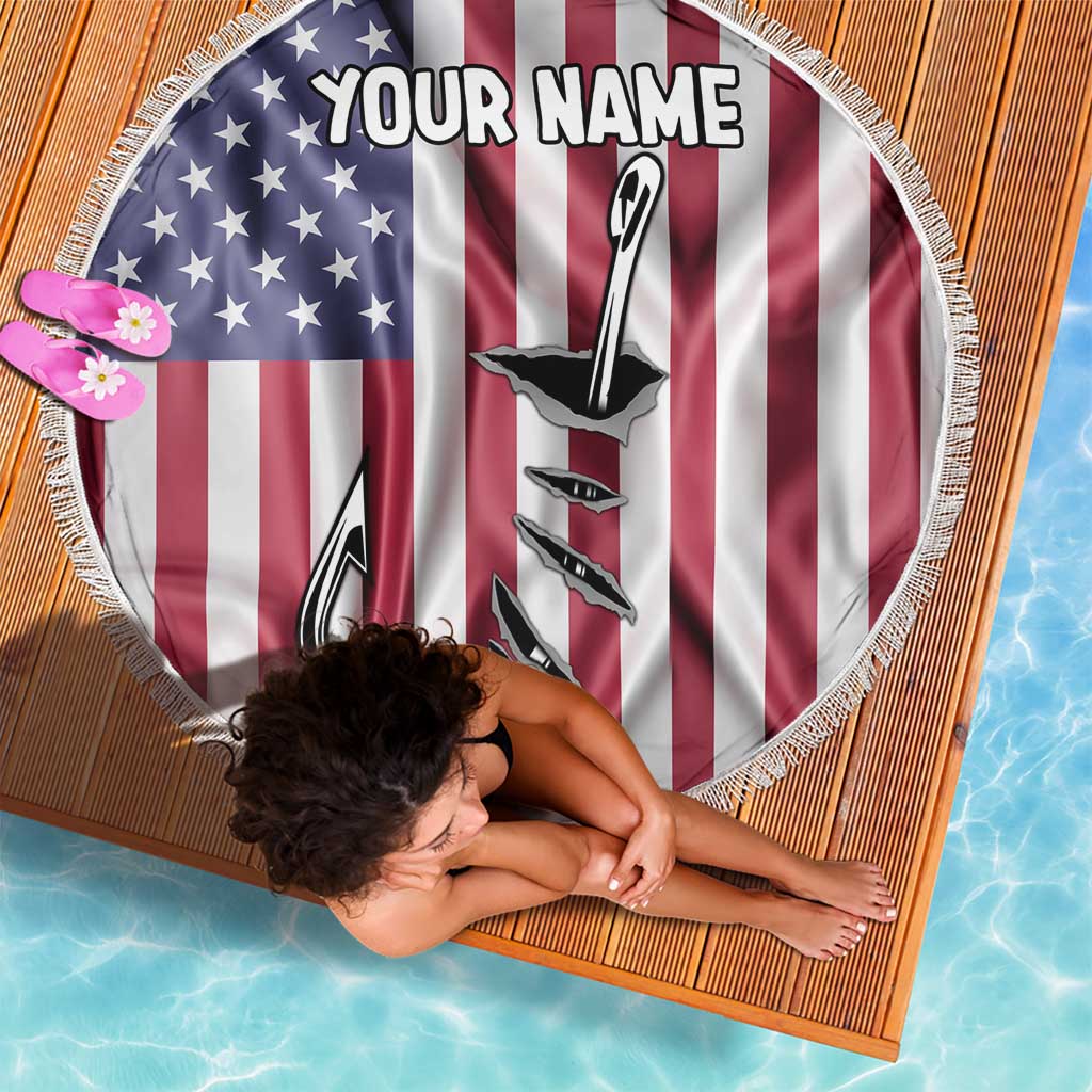 Fishing Fish Hook American Flag Beach Blanket Custom Name Graphic in Patriotic Striped Theme - Wonder Print Shop