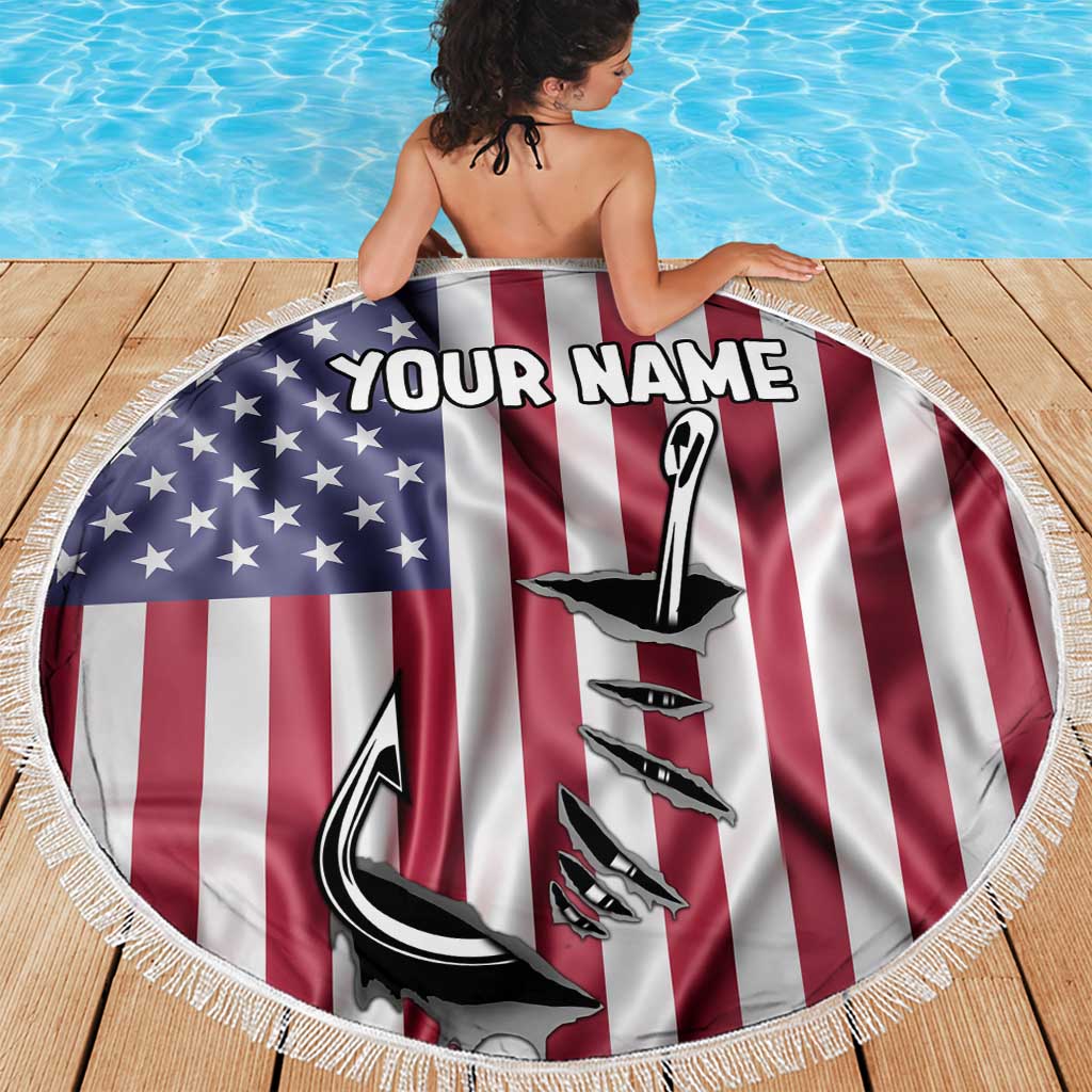 Fishing Fish Hook American Flag Beach Blanket Custom Name Graphic in Patriotic Striped Theme - Wonder Print Shop