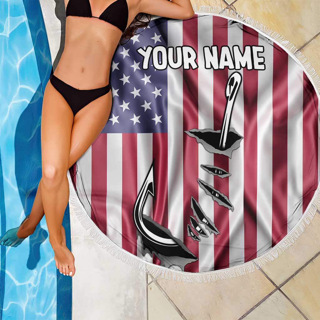 Fishing Fish Hook American Flag Beach Blanket Custom Name Graphic in Patriotic Striped Theme - Wonder Print Shop